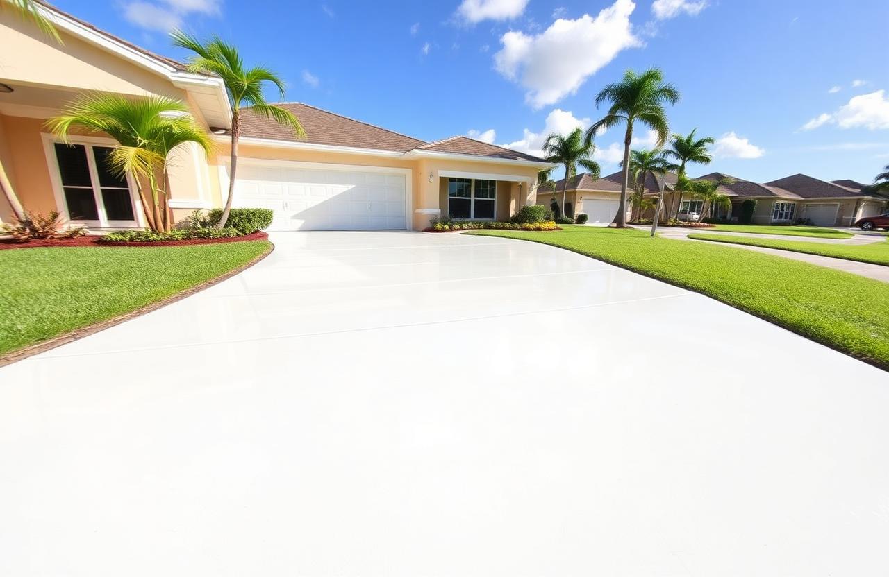 Brilliant white sealed concrete driveway in front of a Florida home in a neighborhood after high-solids sealer