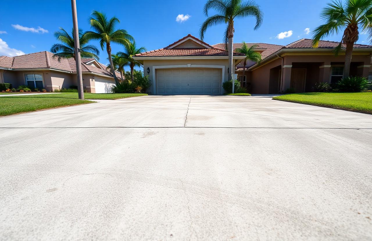 Faded gray concrete driveway in front of a Florida home in a neighborhood before sealing