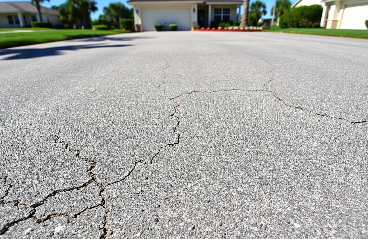 Faded, cracked driveway before sealcoating