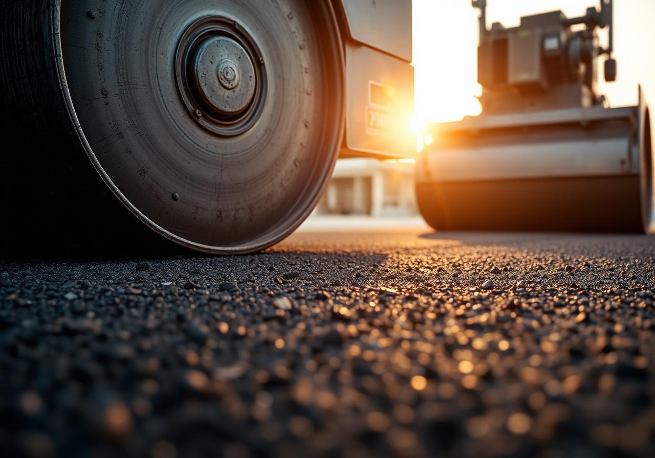 Steamroller laying fresh asphalt